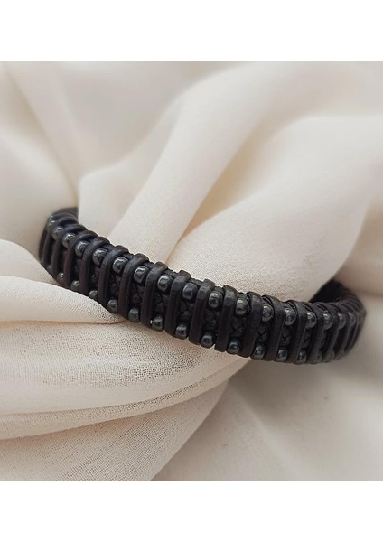 Bileklik Hakiki Deri Örgü Unisex (20.3 Cm) Boncuklu Bilezik