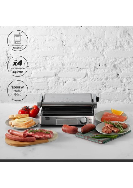 Biogranit Izgara ve Tost Makinesi 2000W, Paslanmaz Çelik Gövde Inox, 4 Kademe, Çıkarılabilir Granit Plaka