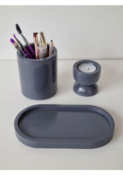 Antrasit Kalemlik Tealıght Set-Oval Tepsi Kalemlik ve Tealıght fiyatları