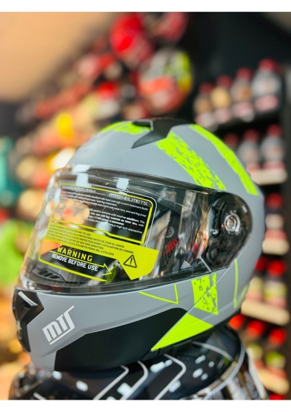 966 TU61 Çene Açılır Güneş Vizörlü Motosiklet Kaskı (Gri- Neon )
