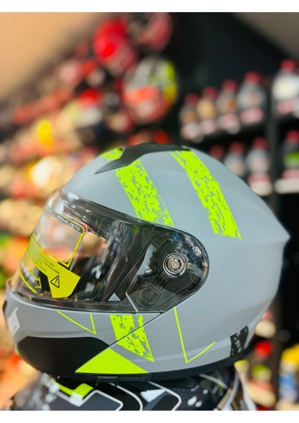 966 TU61 Çene Açılır Güneş Vizörlü Motosiklet Kaskı (Gri- Neon )