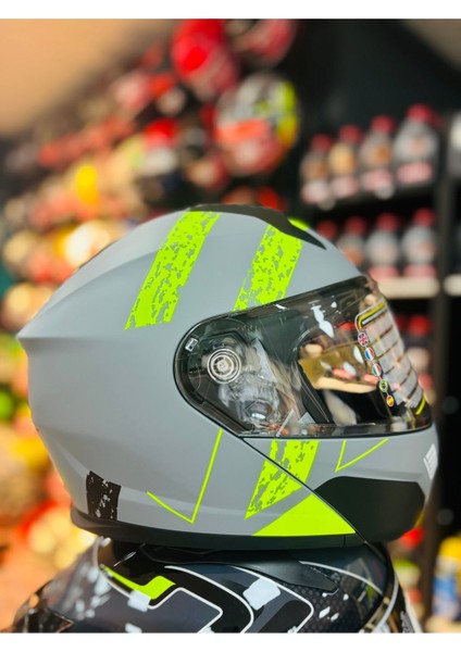 966 TU61 Çene Açılır Güneş Vizörlü Motosiklet Kaskı (Gri- Neon )
