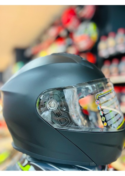 966 Mat Black Çene Açılır Güneş Vizörlü Motosiklet Kaskı (Mat Siyah)