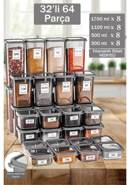 Florit 32'li 64 Parça Kapaklı Kare Erzak Saklama Kabı Seti 8x(0,3 Lt-0,5 Lt-1,1 Lt-1,7 Lt)Baharatlık