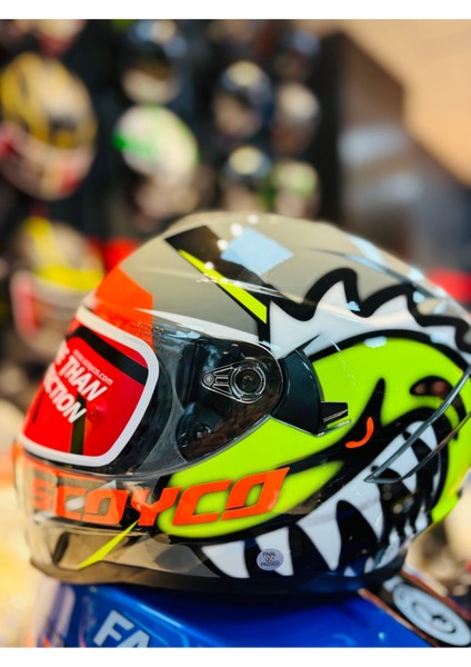 FF-869 Shark Fullface Güneş Vizörlü Motosiklet Kaskı (Siyah-Gri-Neon)