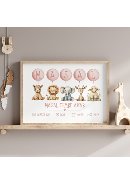 Balonlu Hayvanlar Bebek ve Çocuk Odası Doğum Anısı Tablosu, Bebek Doğum Hatırası Tablosu, Doğum Panosu