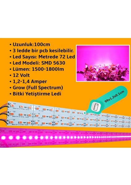 Grow LED 72 Ledli 12V 5630 Full Spectrum Bitki Yetiştirme Ledi