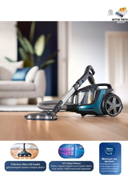 Ultra LED Başlık ve Powercyclone 10 Teknolojisi ile Premium Toz Torbasız Elektrikli Süpürge, Nanoclean Teknolojisi, Powermax Sensörü