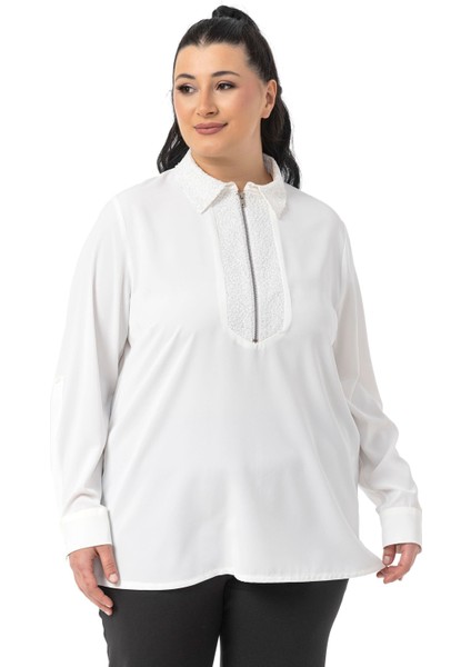 Büyük Beden Yakası ve Önü Pul Payetli Fermuarlı Katlamalı Kollu Beyaz Gömlek