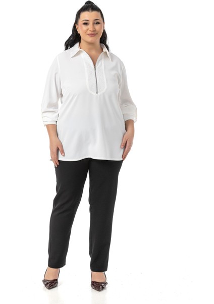 Büyük Beden Yakası ve Önü Pul Payetli Fermuarlı Katlamalı Kollu Beyaz Gömlek fiyatları