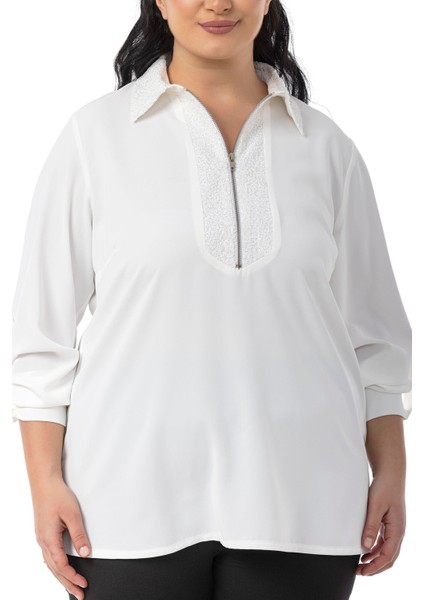 Büyük Beden Yakası ve Önü Pul Payetli Fermuarlı Katlamalı Kollu Beyaz Gömlek fırsatları