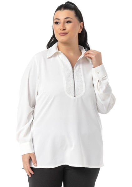 Büyük Beden Yakası ve Önü Pul Payetli Fermuarlı Katlamalı Kollu Beyaz Gömlek indirimleri