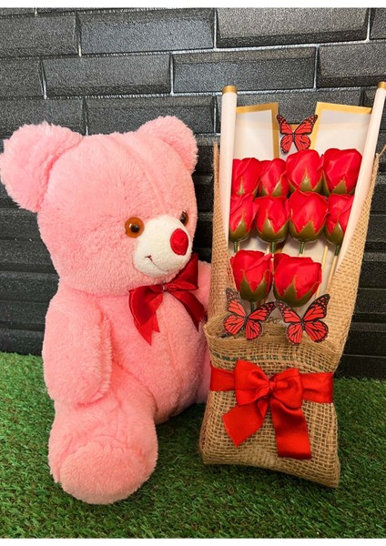 35cm Pembe Ayıcık ve Yapay Gül Buketi Sevgiliye Kız Arkadaşa Kiza Arkadaşa Anneye Ablaya Kız Kardeşe