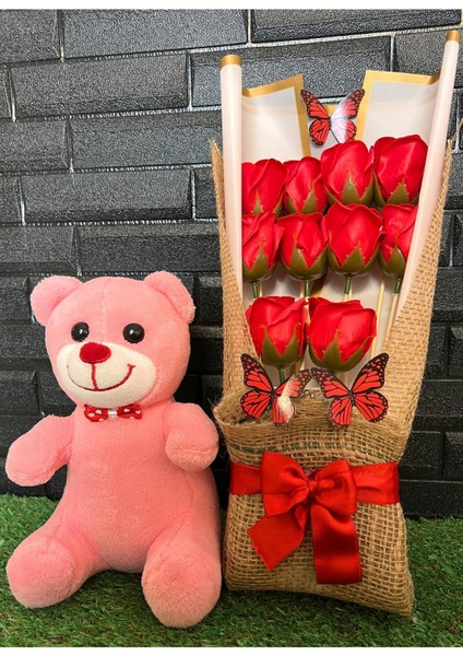 Sevgiliye Hediye Seti 25cm Pembe Ayıcık ve Gül Buketi Sevgiliye Cicek Kiz Arkadasa modelleri