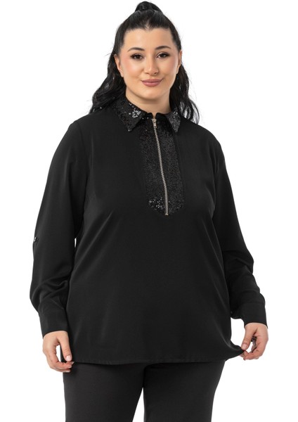 Büyük Beden Yakası ve Önü Pul Payetli Fermuarlı Katlamalı Kollu Siyah Gömlek