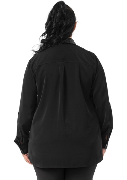 Büyük Beden Yakası ve Önü Pul Payetli Fermuarlı Katlamalı Kollu Siyah Gömlek modelleri