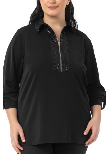 Büyük Beden Yakası ve Önü Pul Payetli Fermuarlı Katlamalı Kollu Siyah Gömlek fırsatları