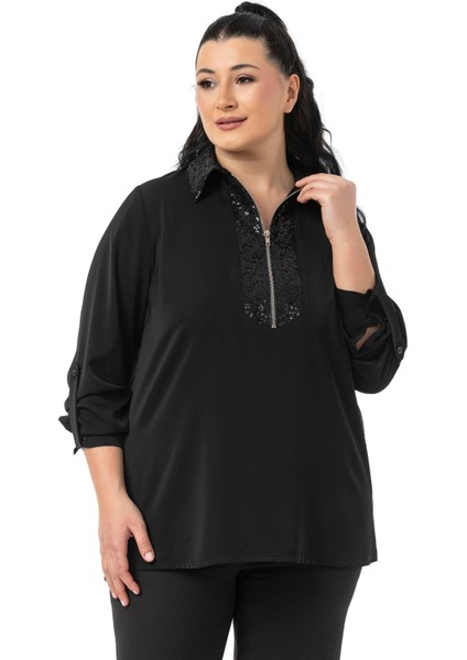 Büyük Beden Yakası ve Önü Pul Payetli Fermuarlı Katlamalı Kollu Siyah Gömlek indirimleri