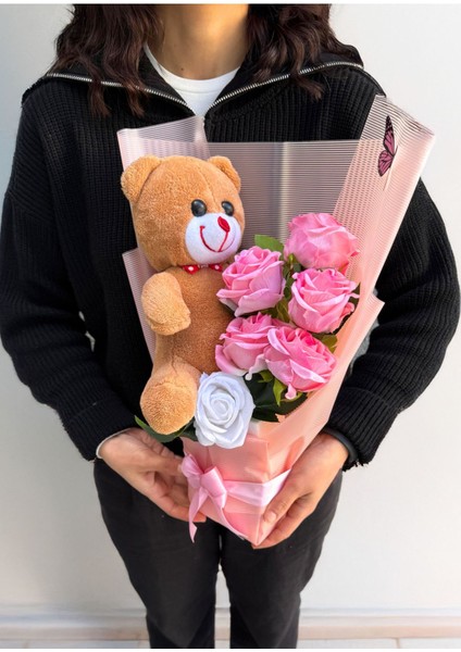 Sevgiliye Yapay Çiçek Buketi 25cm Kahverengi Ayıcıklı Peluş Buket Çiçek Buketi Sevgiliye Çiçek Kız fırsatları