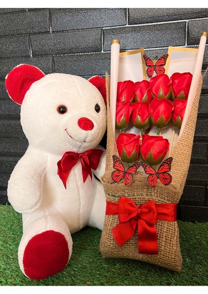 Sevgiliye Özel Hediye 35cm Tatlı Ayıcık ve Kelebek Süslemeli Yapay Gül Buketi