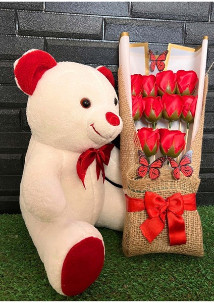 Sevgiliye Özel Hediye 35cm Tatlı Ayıcık ve Kelebek Süslemeli Yapay Gül Buketi
