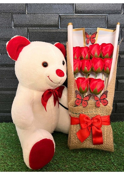 Sevgiliye Özel Hediye 35cm Tatlı Ayıcık ve Kelebek Süslemeli Yapay Gül Buketi