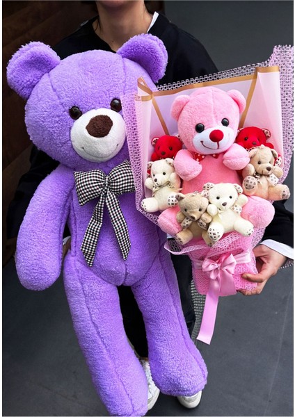 Sevgiliye Hediye 90cm Mor Ayıcık ve Büyük Ayıcıklı Ayıcık Buketi Peluş Buket Sevgililer Gunu