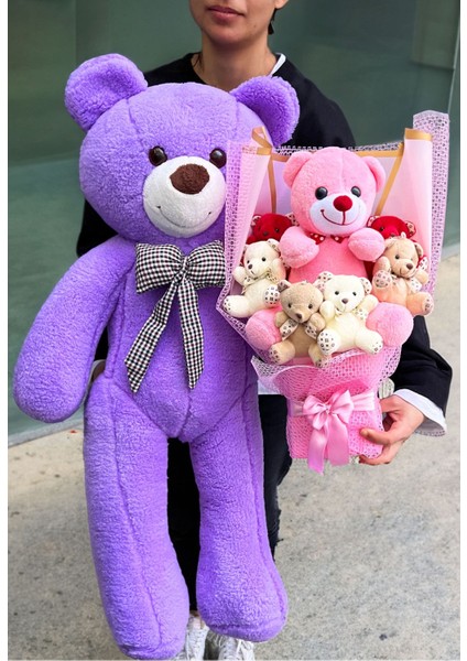 Sevgiliye Hediye 90cm Mor Ayıcık ve Büyük Ayıcıklı Ayıcık Buketi Peluş Buket Sevgililer Gunu fiyatları