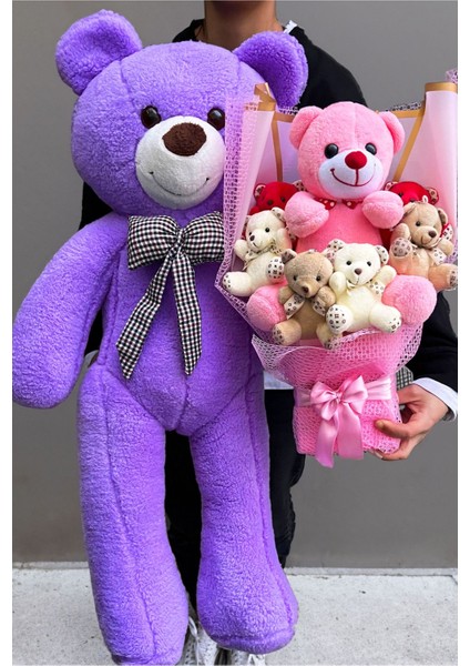 Sevgiliye Hediye 90cm Mor Ayıcık ve Büyük Ayıcıklı Ayıcık Buketi Peluş Buket Sevgililer Gunu modelleri