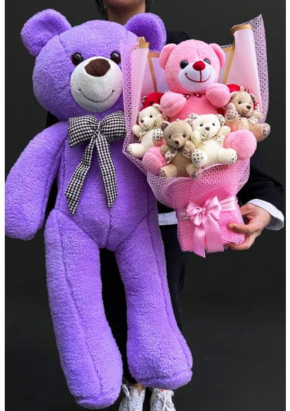 Sevgiliye Hediye 90cm Mor Ayıcık ve Büyük Ayıcıklı Ayıcık Buketi Peluş Buket Sevgililer Gunu fırsatları