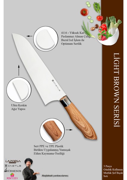 Light Brown Serisi Mutfak Bıçak Seti Et Ekmek Sebze Salata Börek Şef Bıçağı 3’Lü Set
