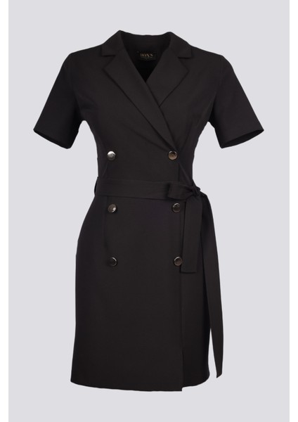 Angela | Dizüstü Ceket Elbise Kısa Kol Düğme Detaylı Kuşaklı - Siyah