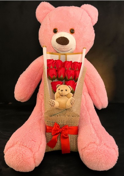 Kadina Hediye 90cm Pembe Ayıcık ve Ayıcıklı Gül Buketi - Dogum Gunu Hediyesi - Sevgililer Gunu