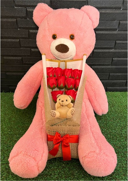 Kadina Hediye 90cm Pembe Ayıcık ve Ayıcıklı Gül Buketi - Dogum Gunu Hediyesi - Sevgililer Gunu modelleri