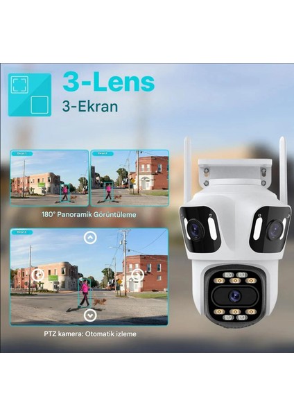 4K 8mp Ip Dış Mekan Hd Üç Lens Çift Ekran Wifi Ptz Otomatik Takip Güvenlik Kamera Su Geçirmez
