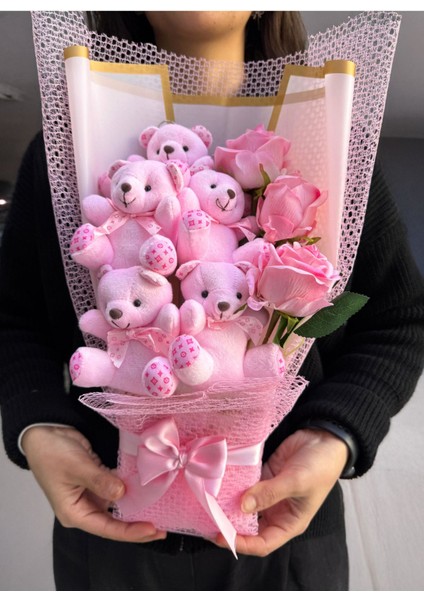 Sevgiliye Hediye Buket Pembe Güllü ve Pembe Ayıcıklı Kız Arkadaşa Hediye Romantik Anneye Ablaya modelleri