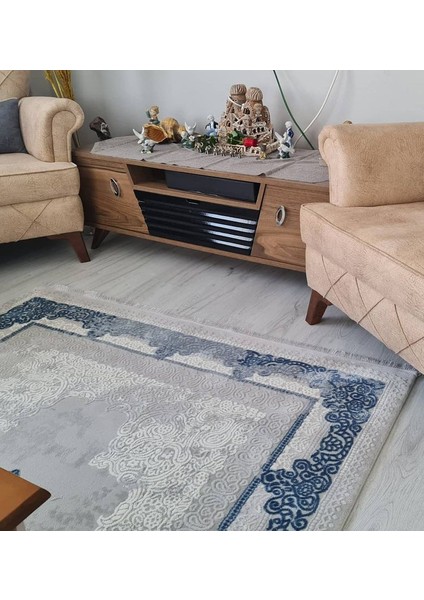 Sofia Koleksiyonu Gri Halı Lacivert Kenar Çerçeveli Göbekli Desen Akrilik Iplik Dokuma Salon Halısı indirimleri