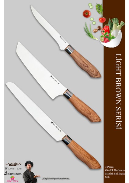 Light Brown Serisi 5’Li Mutfak Bıçak Seti ( Kesik Şef - Nakiri - Sivri Şef - Ekmek - Börek)