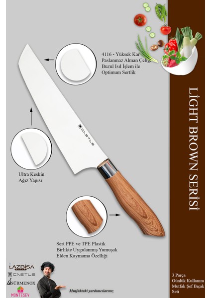 Light Brown Serisi 5’Li Mutfak Bıçak Seti ( Kesik Şef - Nakiri - Sivri Şef - Ekmek - Börek) modelleri