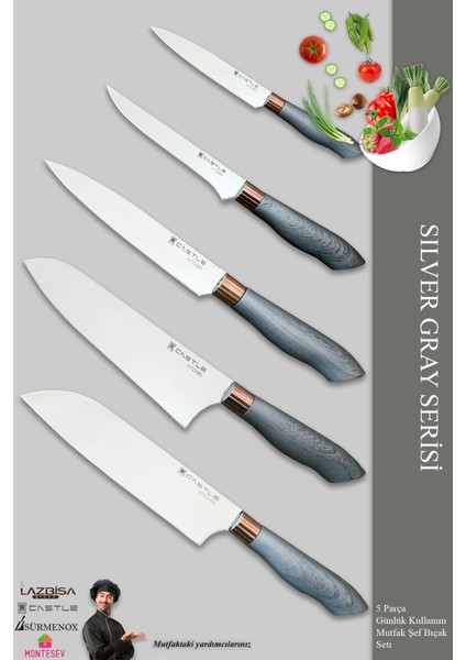Silver Gray Serisi Mutfak Bıçak Seti Et Ekmek Sebze Şef Bıçağı 5 Li Set ( MFT-568)