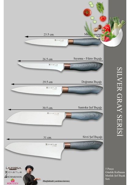 Silver Gray Serisi Mutfak Bıçak Seti Et Ekmek Sebze Şef Bıçağı 5 Li Set ( MFT-568)