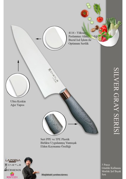 Silver Gray Serisi Mutfak Bıçak Seti Et Ekmek Sebze Şef Bıçağı 5 Li Set ( MFT-568)