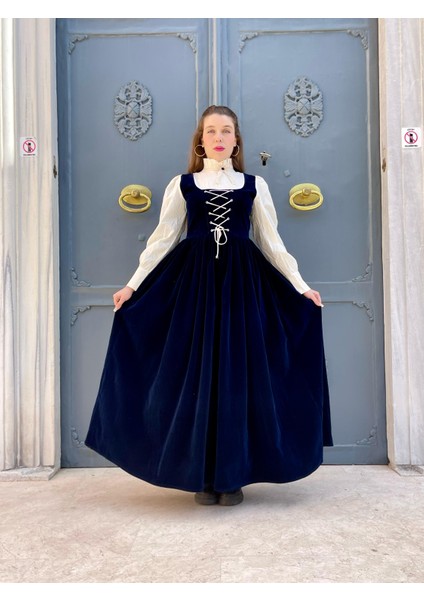 Retro Lacivert Velvet Elbise
