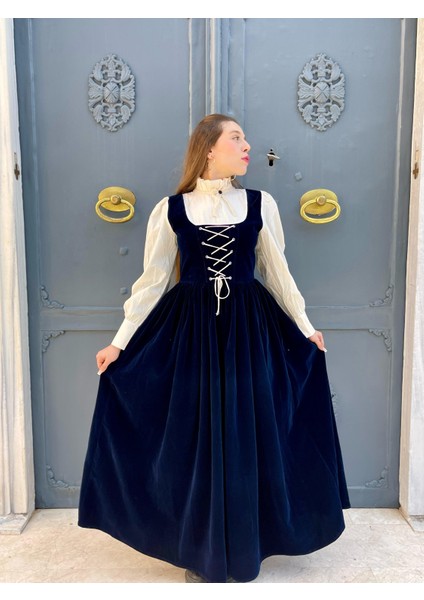 Retro Lacivert Velvet Elbise modelleri