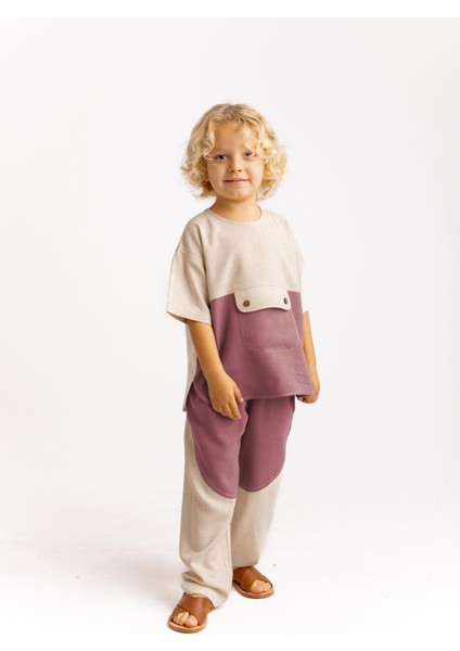 Iki Renkli Keten Erkek Çocuk Pantolon Mürdüm