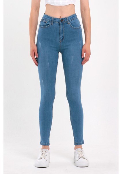 Kadın Tırnaklı Taşlamalı Jeans