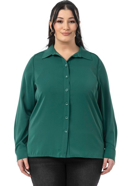 Büyük Beden Reglan Kollu Zümrüt Yeşili Gömlek