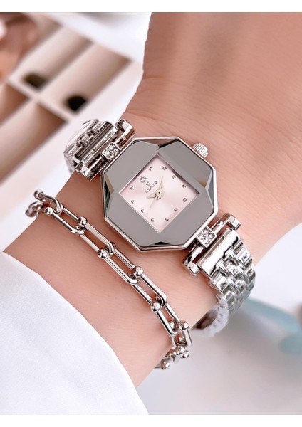 Özel Tasarım Vintage Seri Aynalı Kasa Kadın Kol Saati+Bileklik Hediyeli CL8645.A04