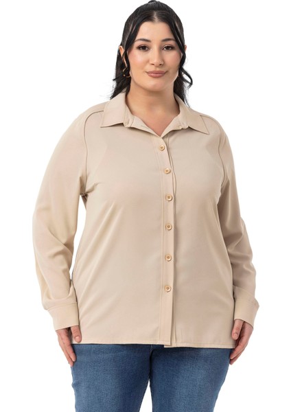 Büyük Beden Reglan Kollu Bej Rengi Gömlek