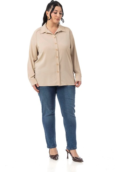 Büyük Beden Reglan Kollu Bej Rengi Gömlek fiyatları
